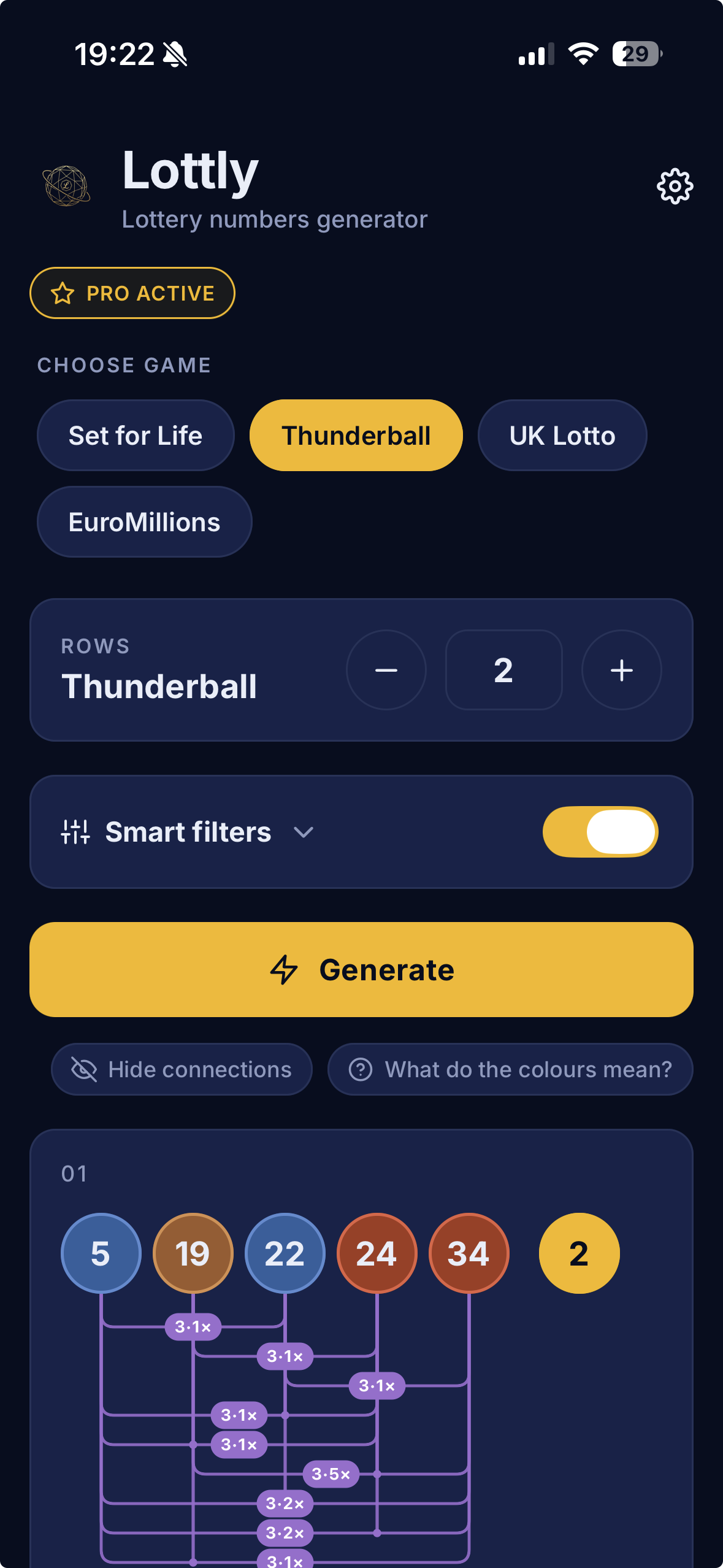 Lottly app — number grid with frequency heatmap